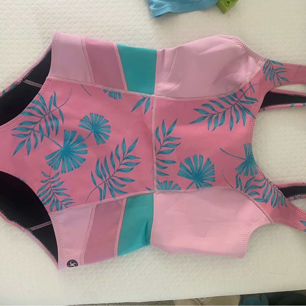Vibrant Pink and Teal Leaf One Piece Swimsuit - Picture 2 of 5